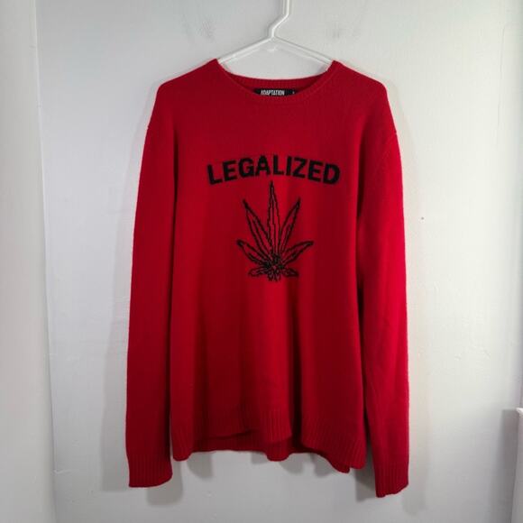 Adaption Legalized Cannabis 100% Cashmere Red Black Crewneck Sweater Medium - Picture 2 of 11